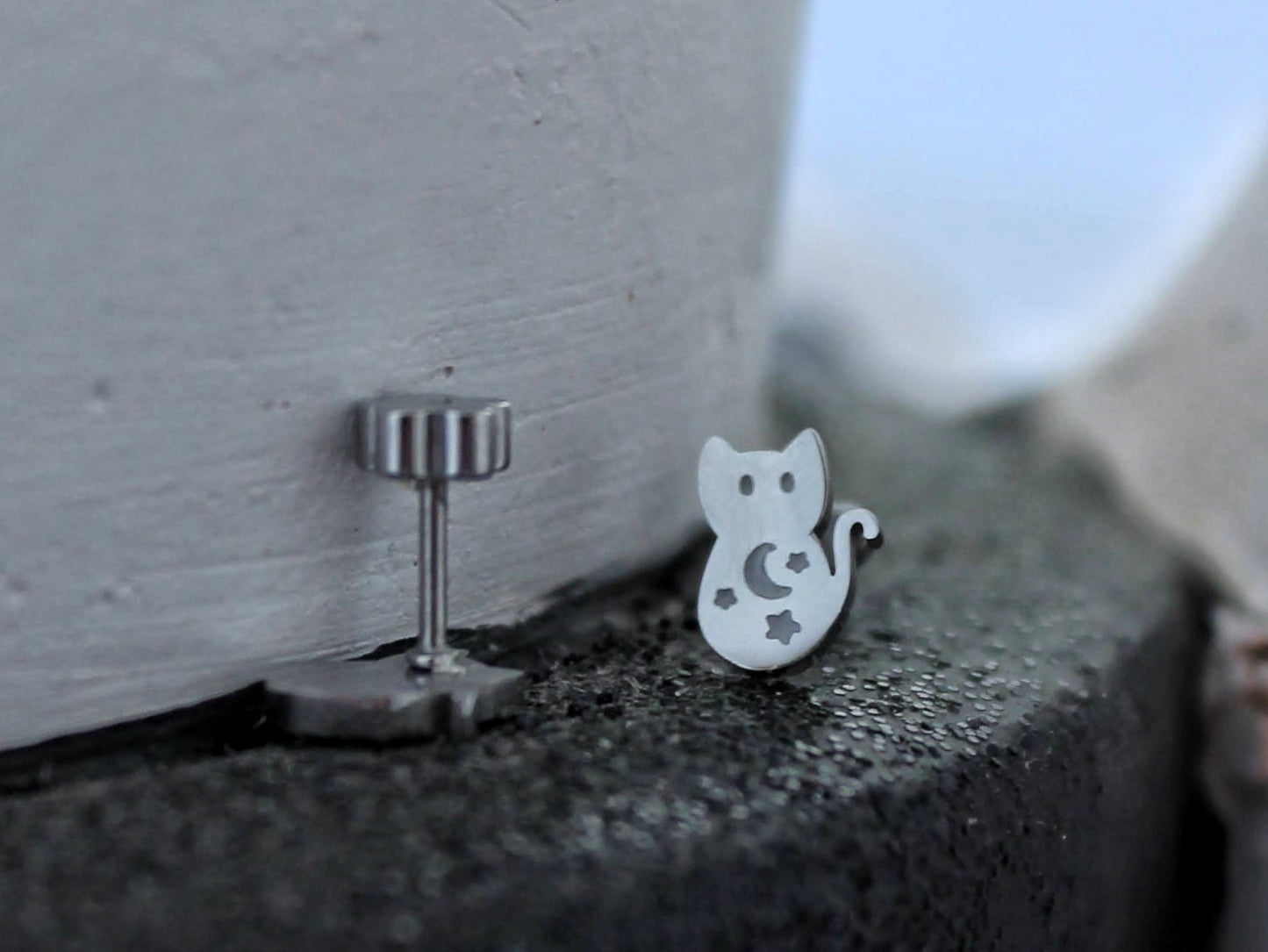 cat silver stud earrings stainless steel screwback earrings