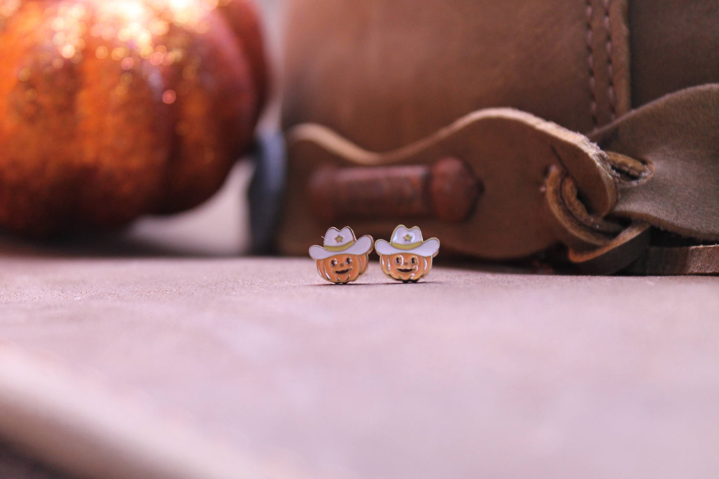 cowboy pumpkin stud earrings - fall Halloween stainless steel screwback earrings