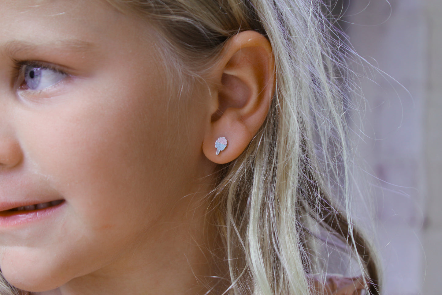 blue and pink silver cotton candy stud earrings made with hypoallergenic stainless steel, includes screw on backs for added security and comfort