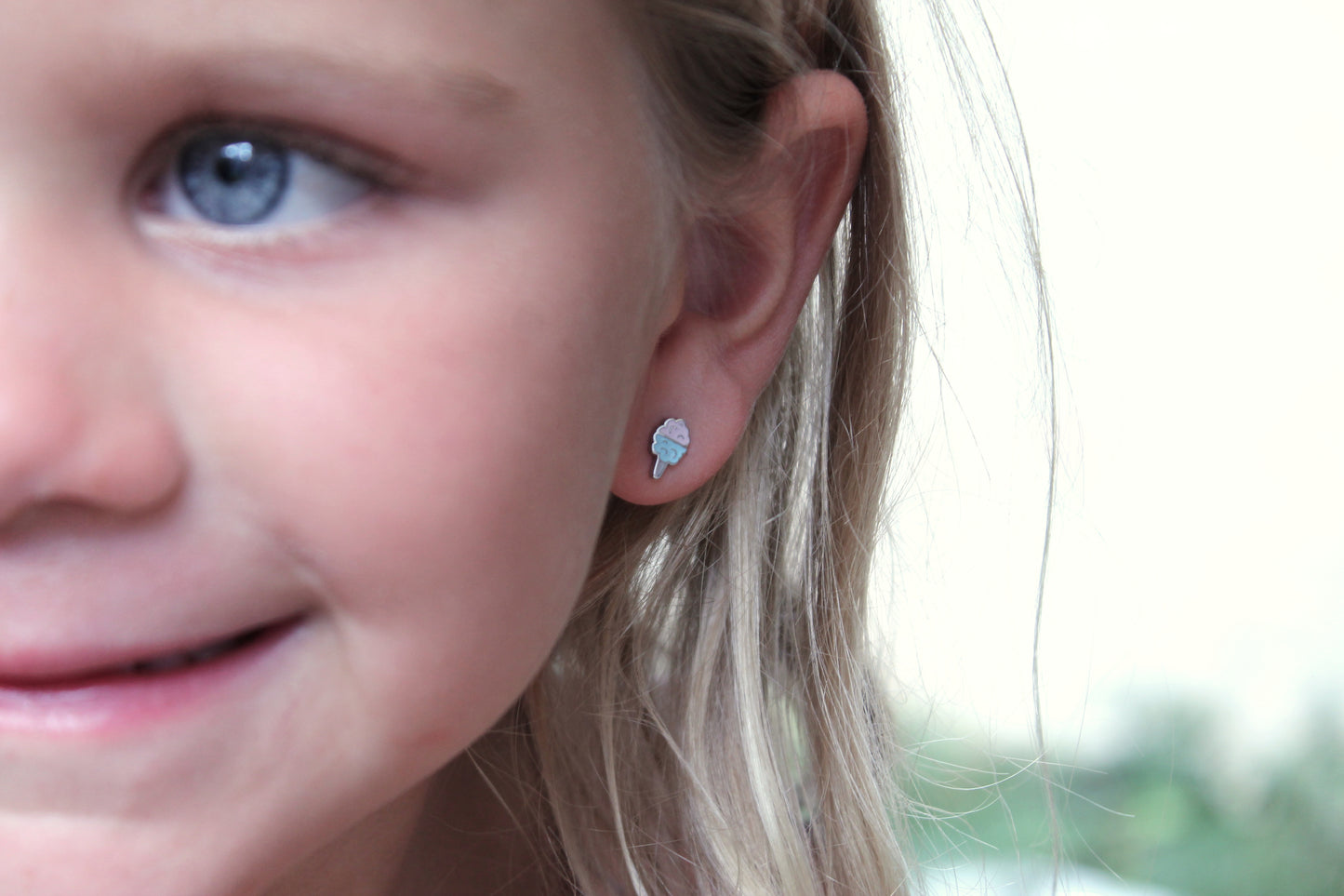 blue and pink silver cotton candy stud earrings made with hypoallergenic stainless steel, includes screw on backs for added security and comfort